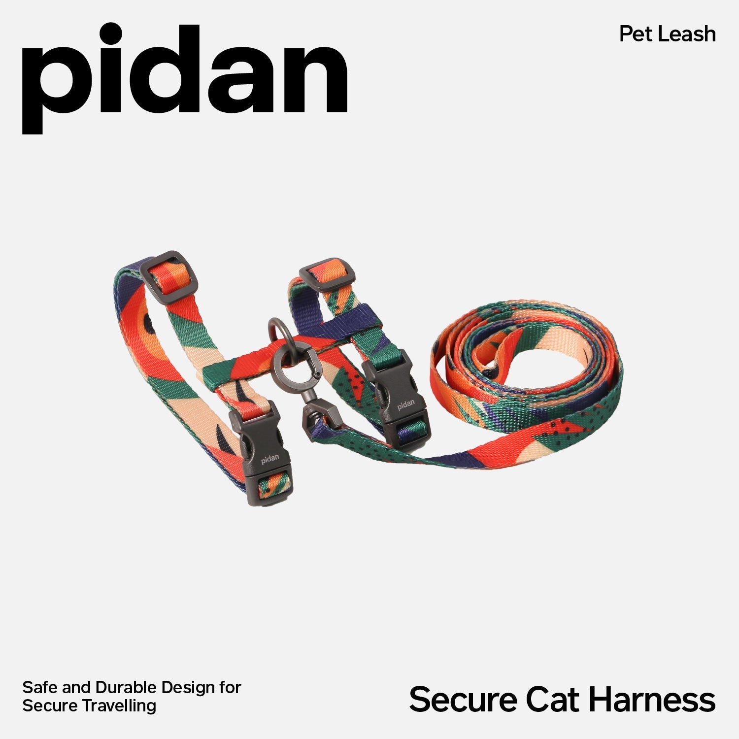 Pidan adjustable polyester cat harness & leash set for safe walking. Medium/Large sizes.