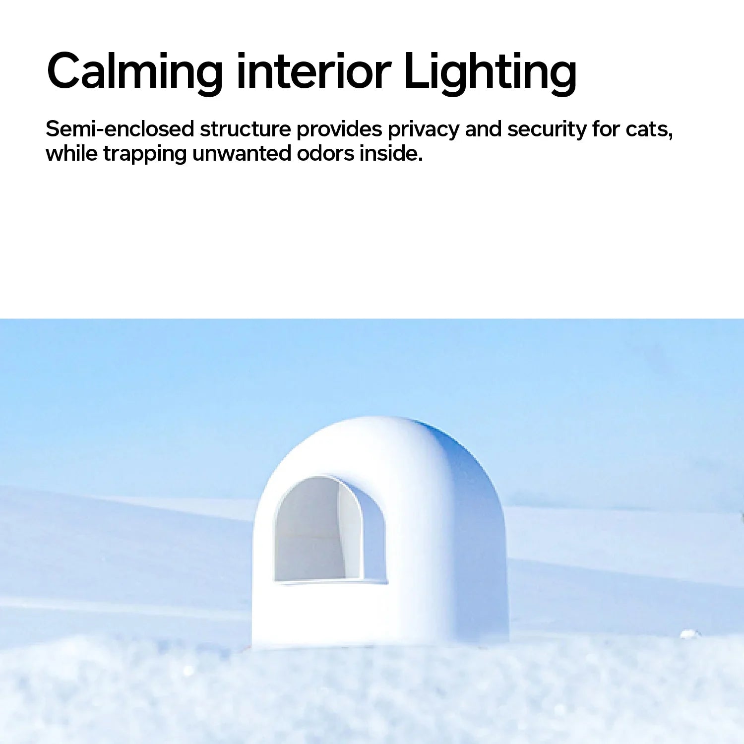 Patented Igloo Litter Box: Dog-proof, easy-clean cat enclosure with grated doorway for odor control.