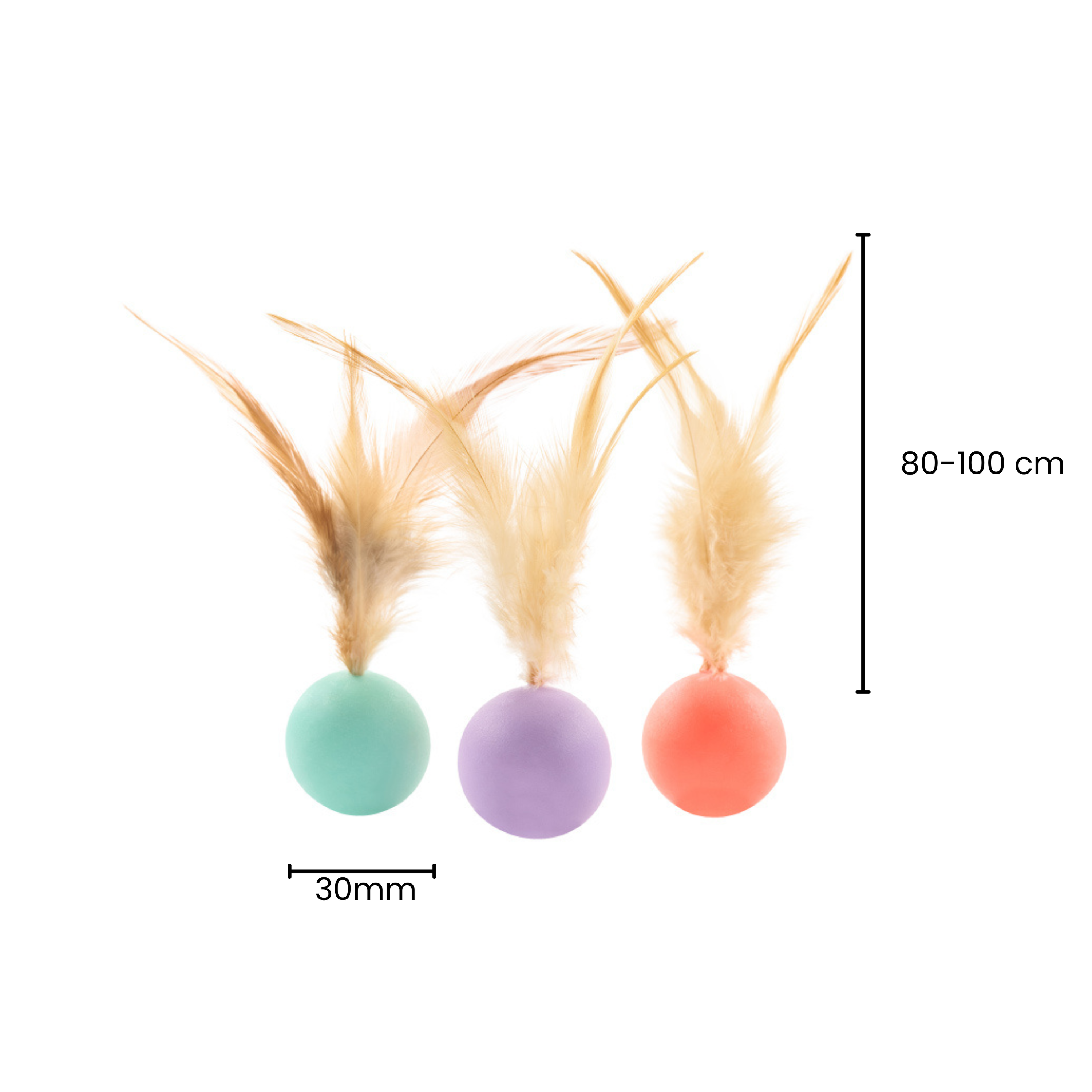 Pastel cat bouncy balls (30mm) with feather tails for indoor enrichment play.