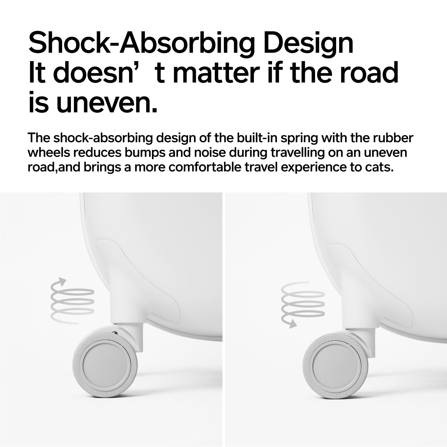 Wheeled pet carrier provides smooth, silent, shock-absorbing travel for cats with ventilation.