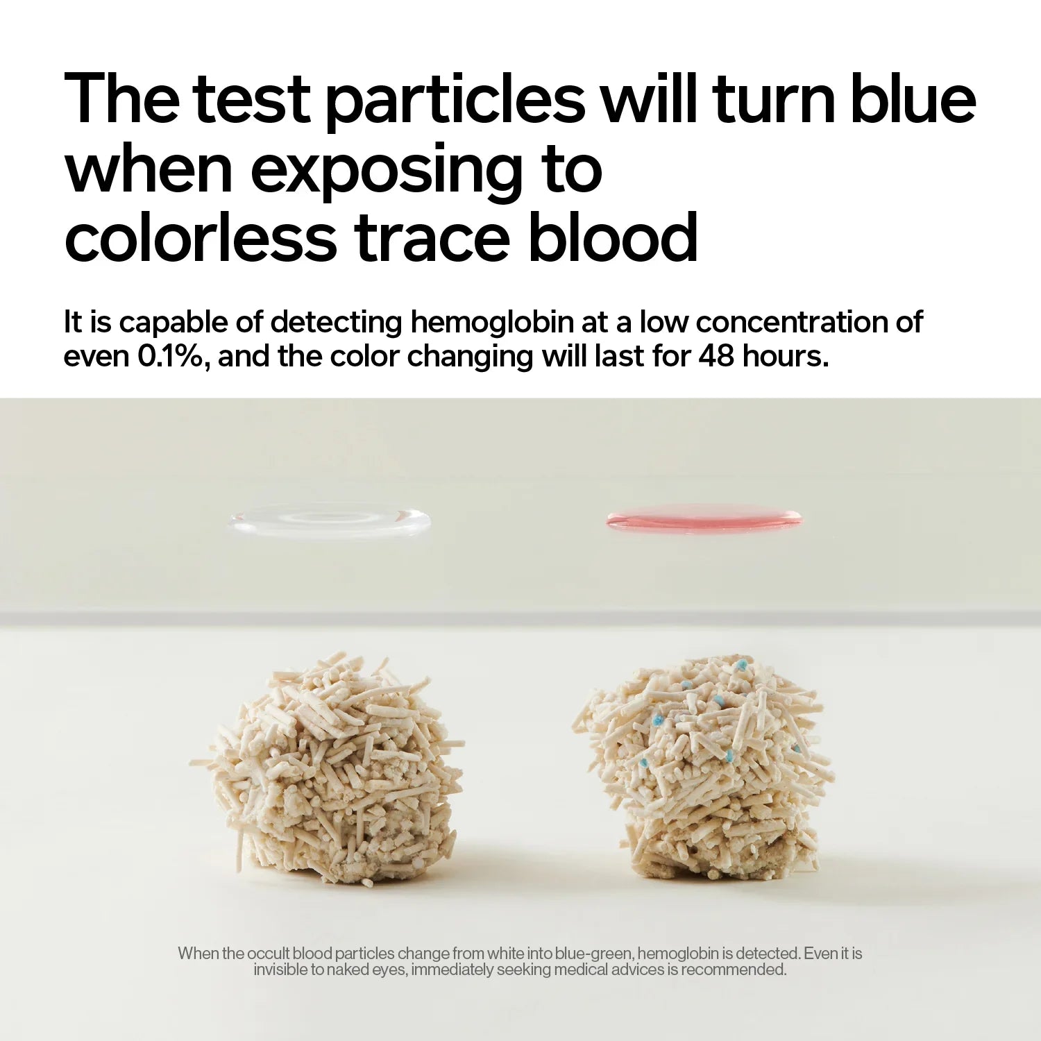 Cat litter blood test kit: Tofu litter detects occult blood/hemoglobin; turns blue, clumps fast.