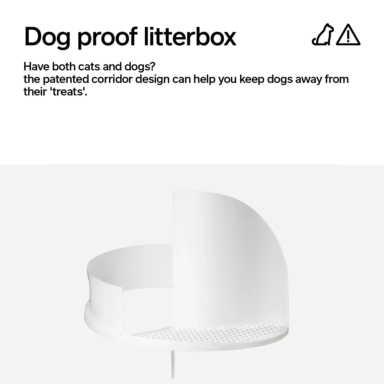 Dog-proof litter box with patented grated entryway prevents tracking; easy-clean dome for multi-pet homes.