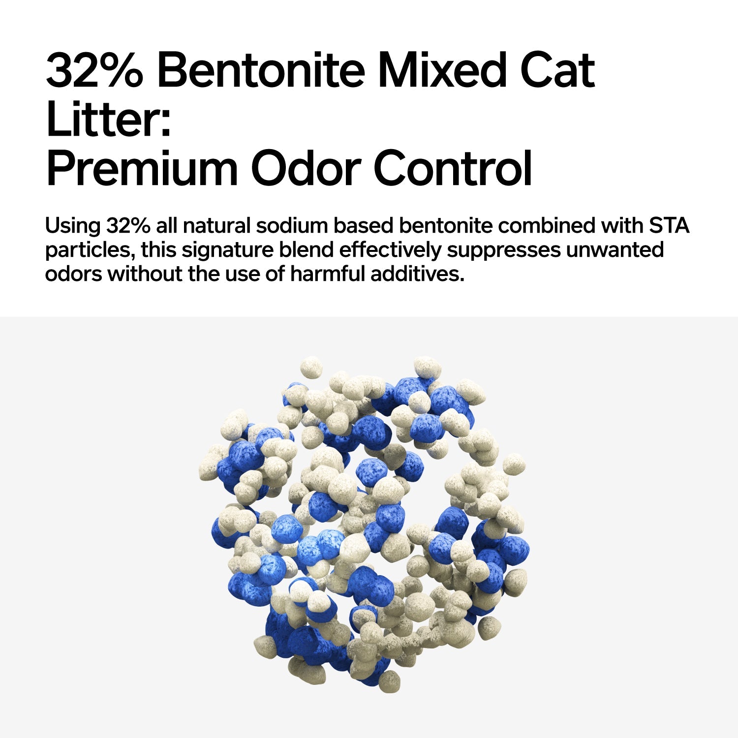 Organic Tofu Bentonite Cat Litter: Fast clumping, dust-free, low-tracking, superior odor control, flushable.
