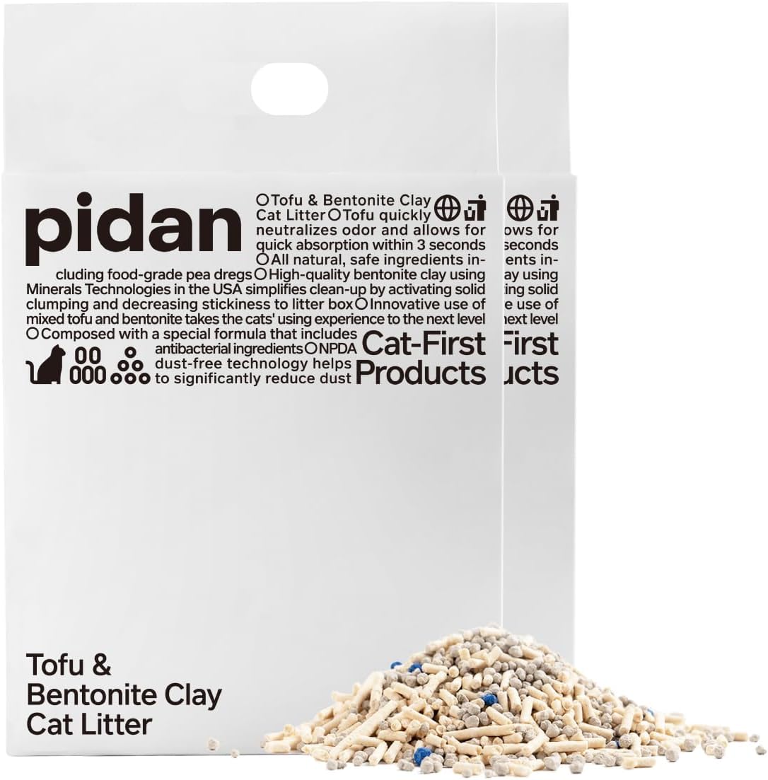 Pidan Tofu Bentonite cat litter: Ultra low-tracking, fast-clumping, odor control, flushable, rapid absorption, anti-dust.