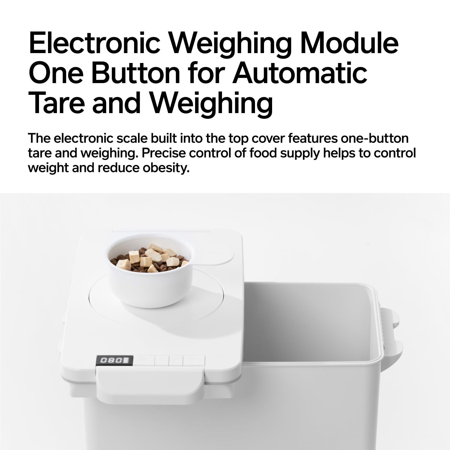 Automatic vacuum pet food storage with built-in electronic scale for fresh kibble and precise portions.