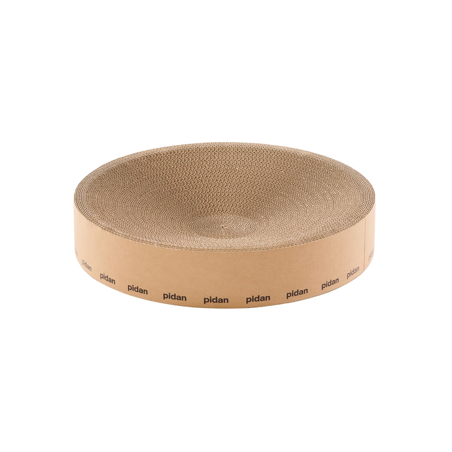 Round cardboard cat scratcher bowl/lounger made of durable, scratch-resistant virgin wood pulp.