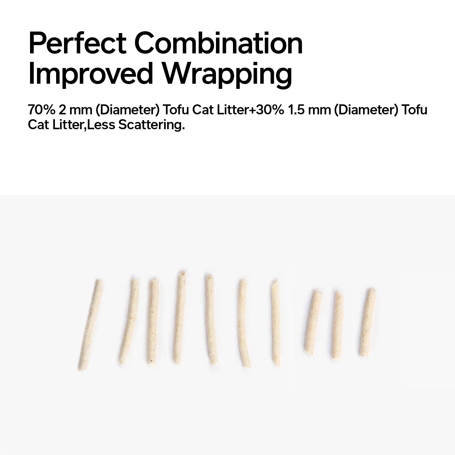 Tofu cat litter: 70% 2mm + 30% 1.5mm blend clumps fast, absorbs, reduces tracking.