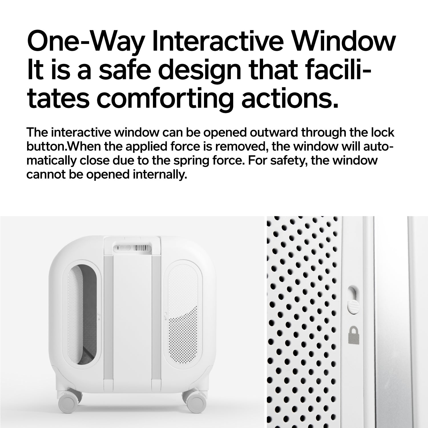 White, ventilated, wheeled pet carrier with safety lock, offering comfortable and secure plastic pet transport.