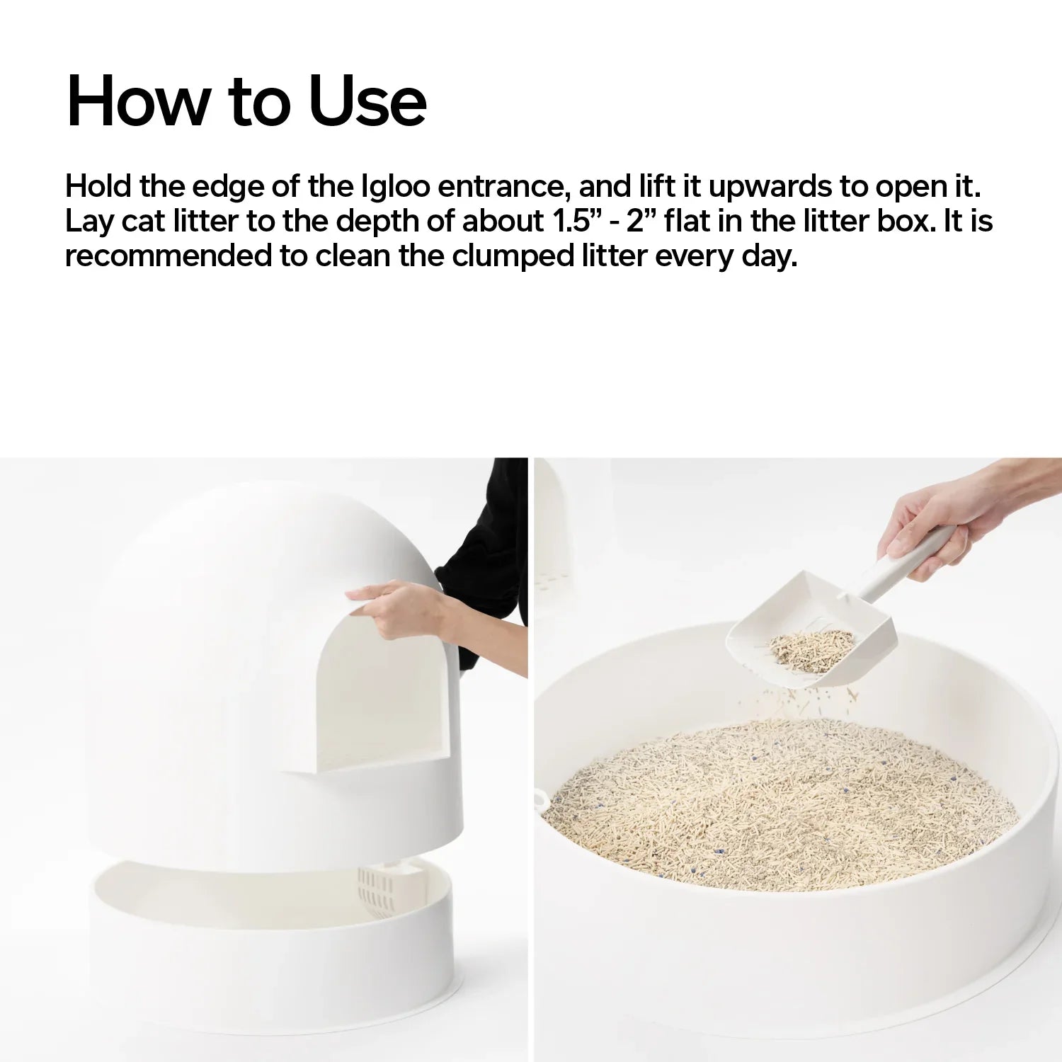 White, dog-proof, top-entry Igloo cat litter box with easy-clean design and concealed scoop storage.