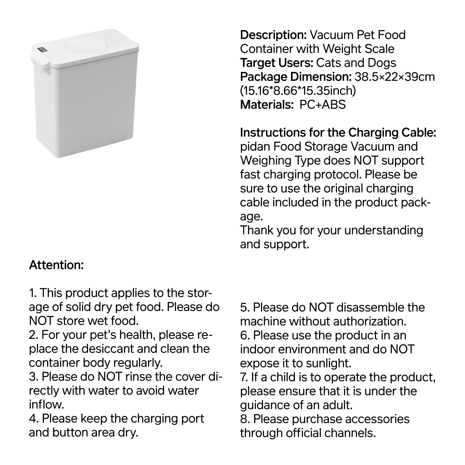 Automatic vacuum pet food container with scale for fresh storage and precise portion control.