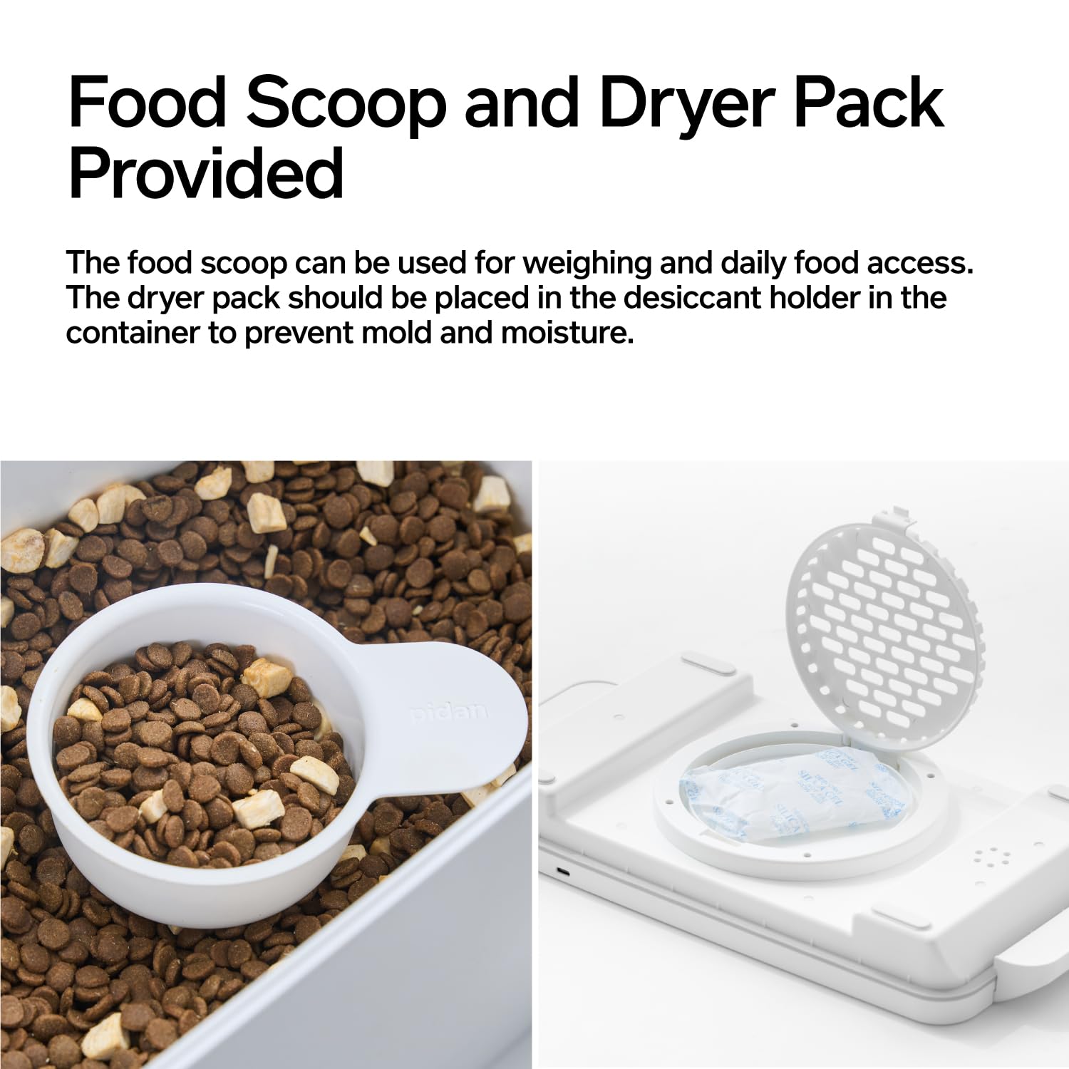 Automatic pet food container with vacuum sealer, scale, and dryer keeps kibble fresh.