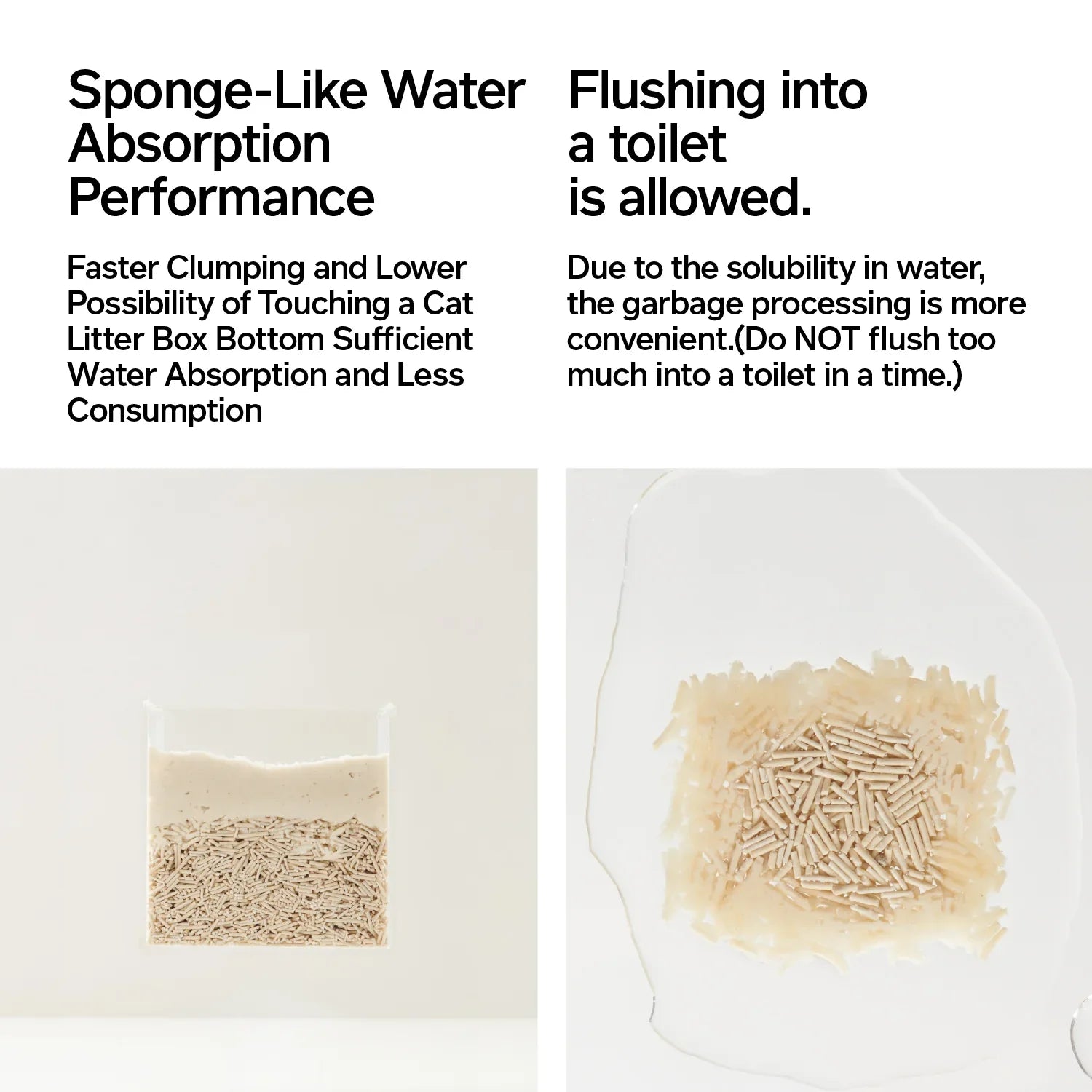 Tofu cat litter pellets offer sponge absorption, fast clumping, odor control, reduced tracking, and dissolvable disposal.