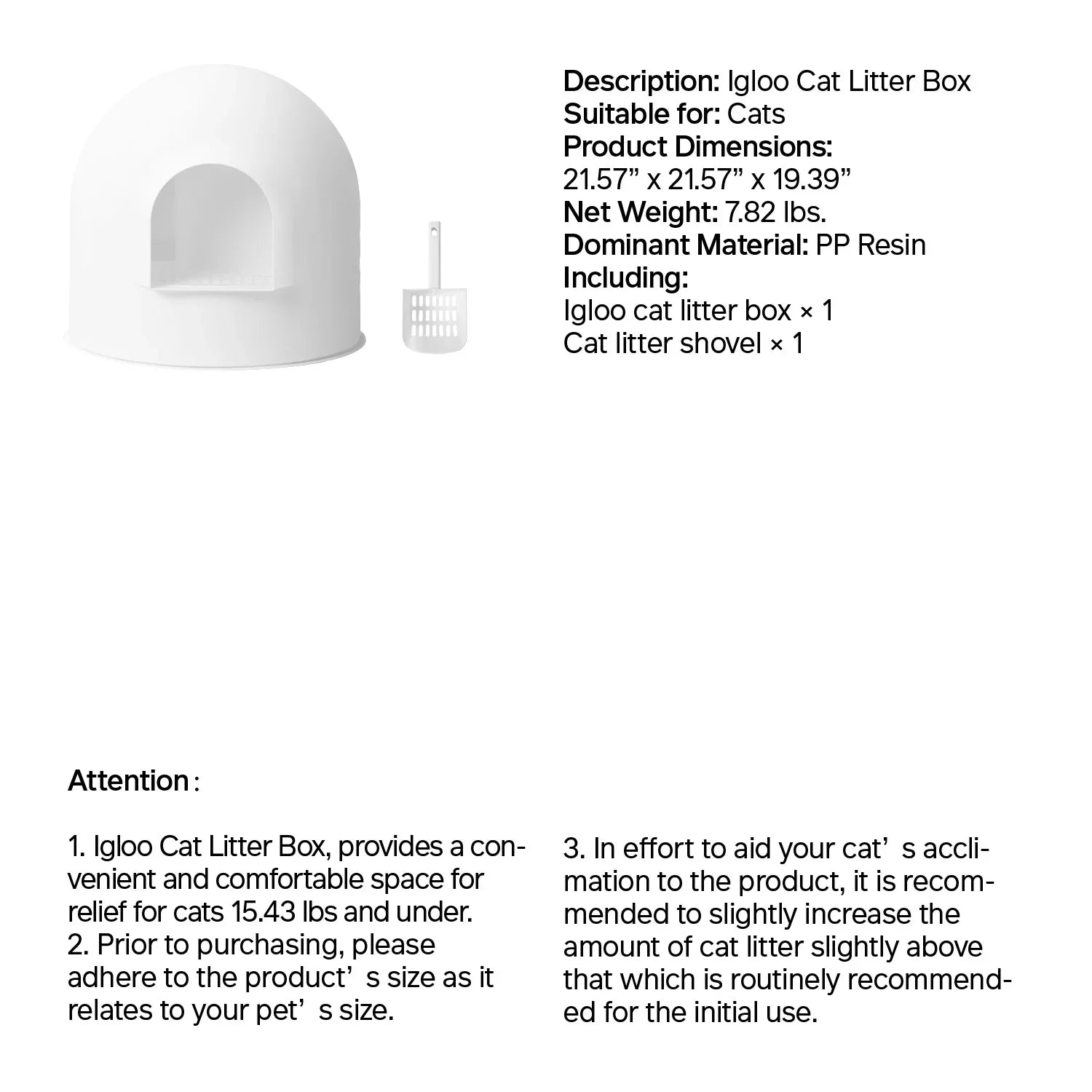 White igloo cat litter box with grated doorway, dog-proof, easy-clean, scoop included.