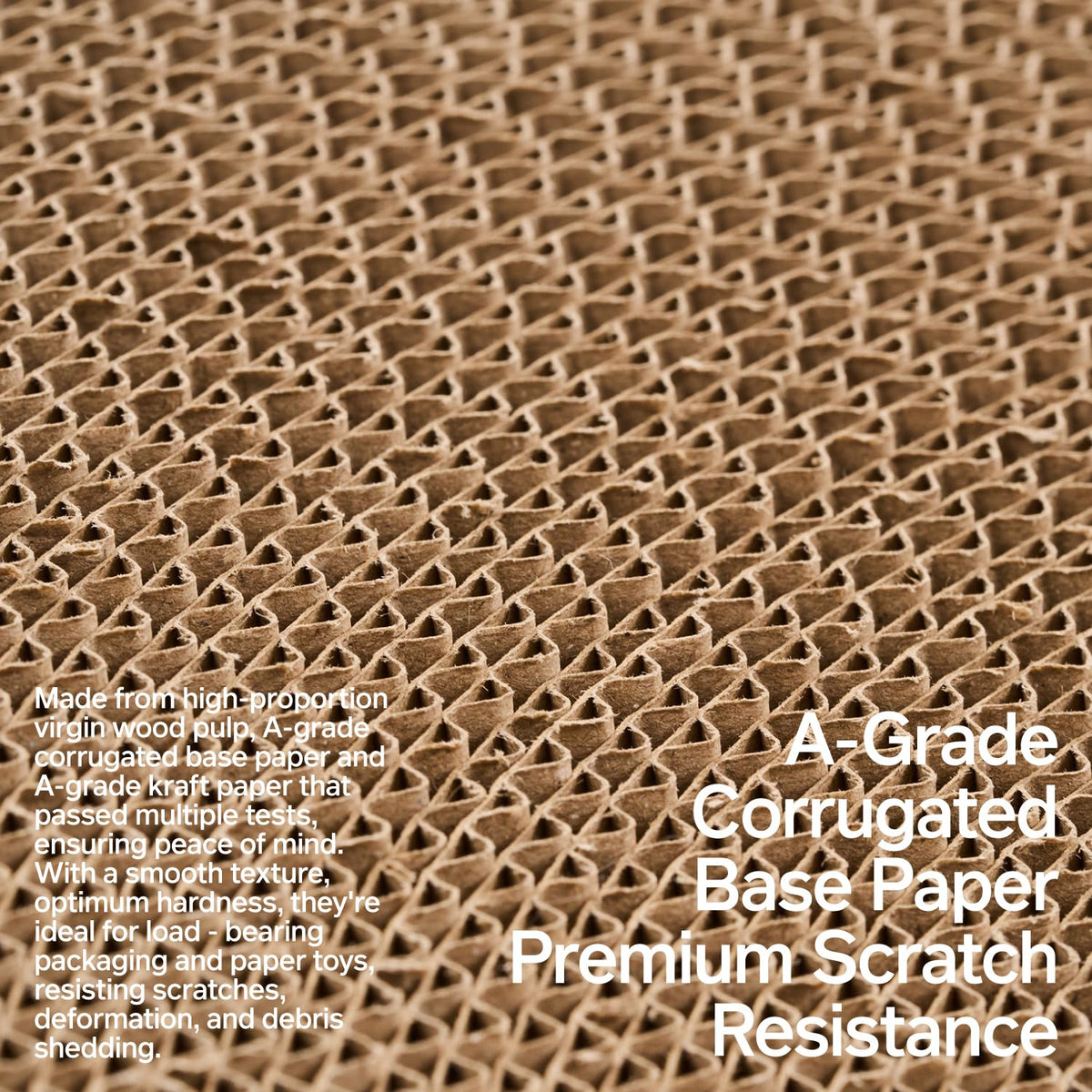 A-Grade corrugated base paper cross-section, virgin wood pulp, sturdy, scratch resistant, for load-bearing packaging.
