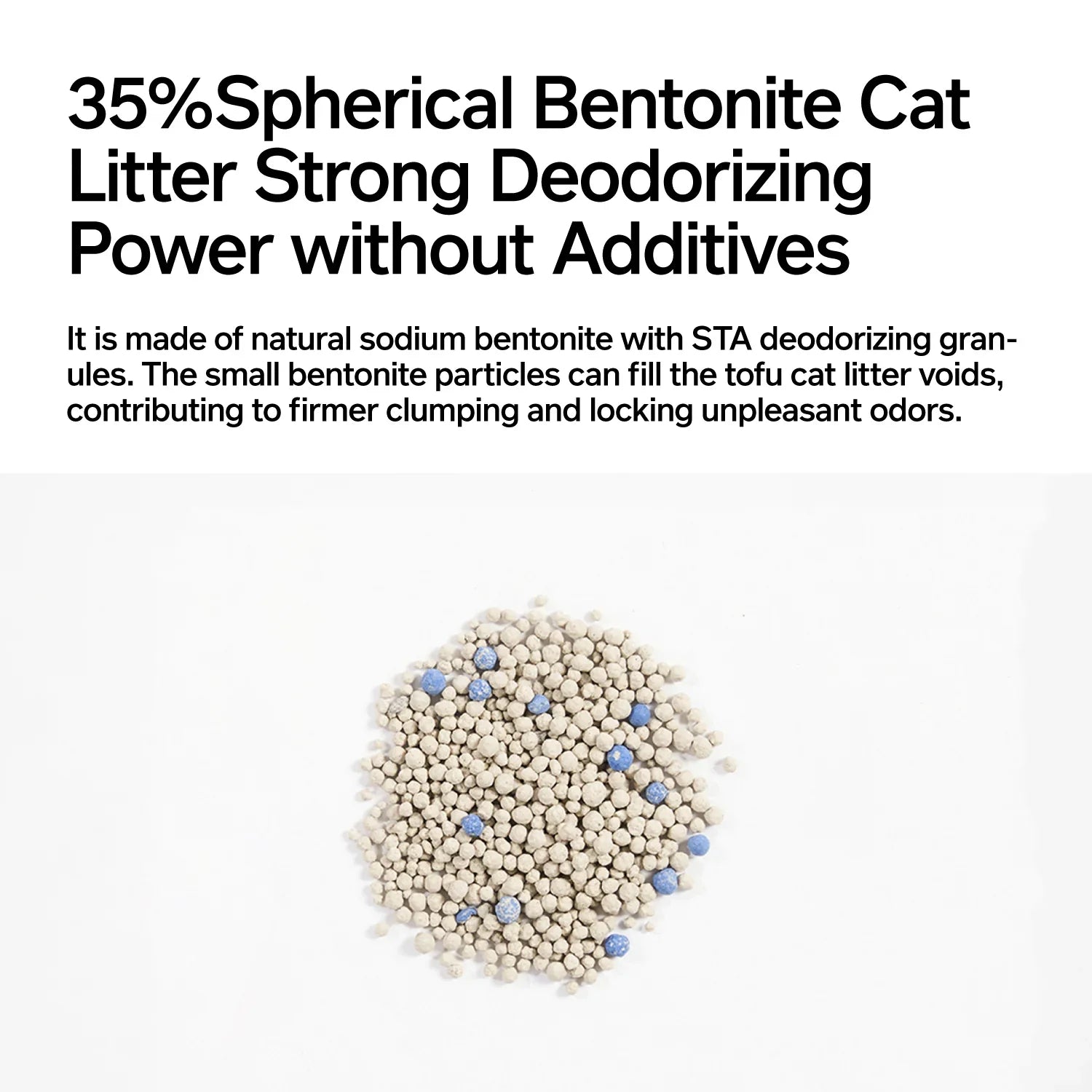 Spherical bentonite cat litter: fast-clumping, dust-free, ultra-absorbent, odor control, flushable for multi-cat homes.