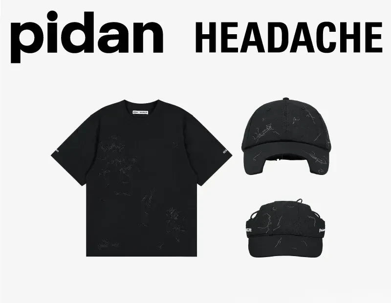 The three pieces laid out under the pidan and HEADACHE wordmarks