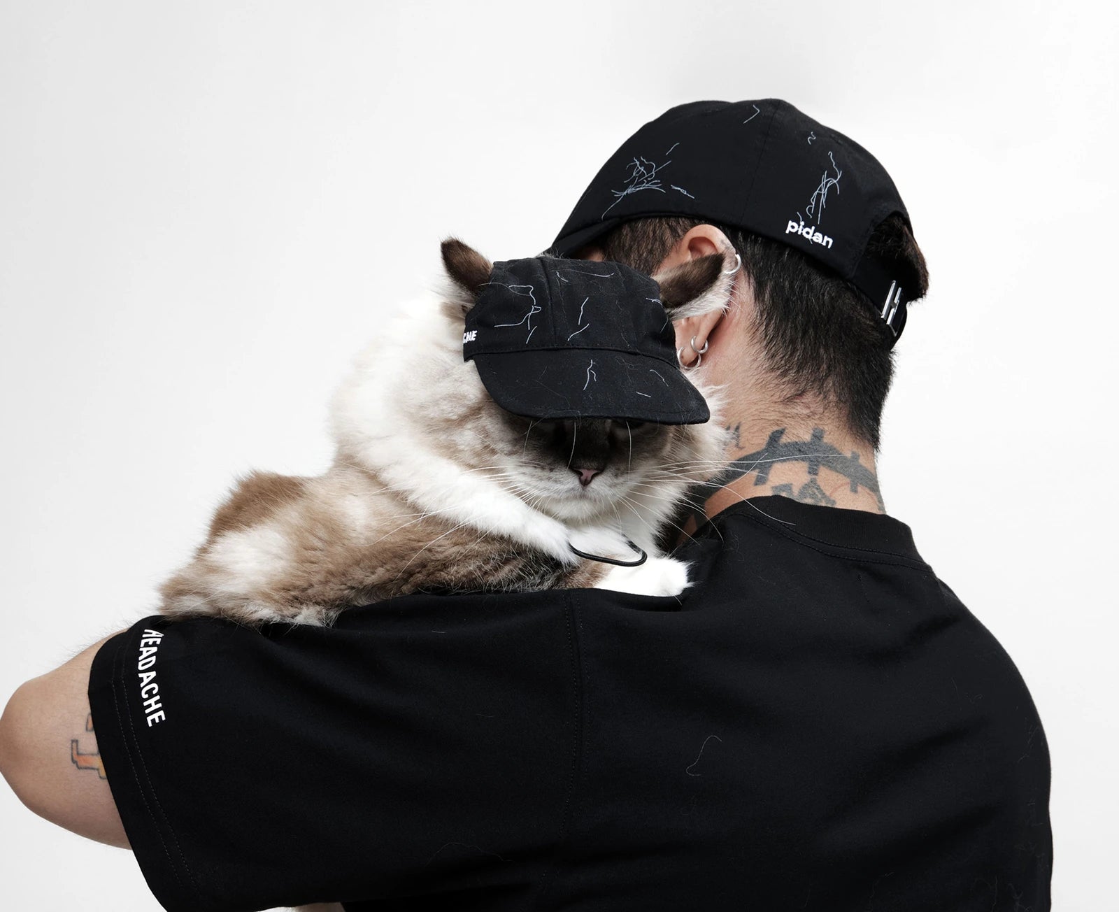 Seen from behind, a model in the printed tee and cap with a ragdoll cat over one shoulder wearing the matching cat cap
