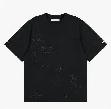Front of the black cat-hair print T-shirt, laid flat